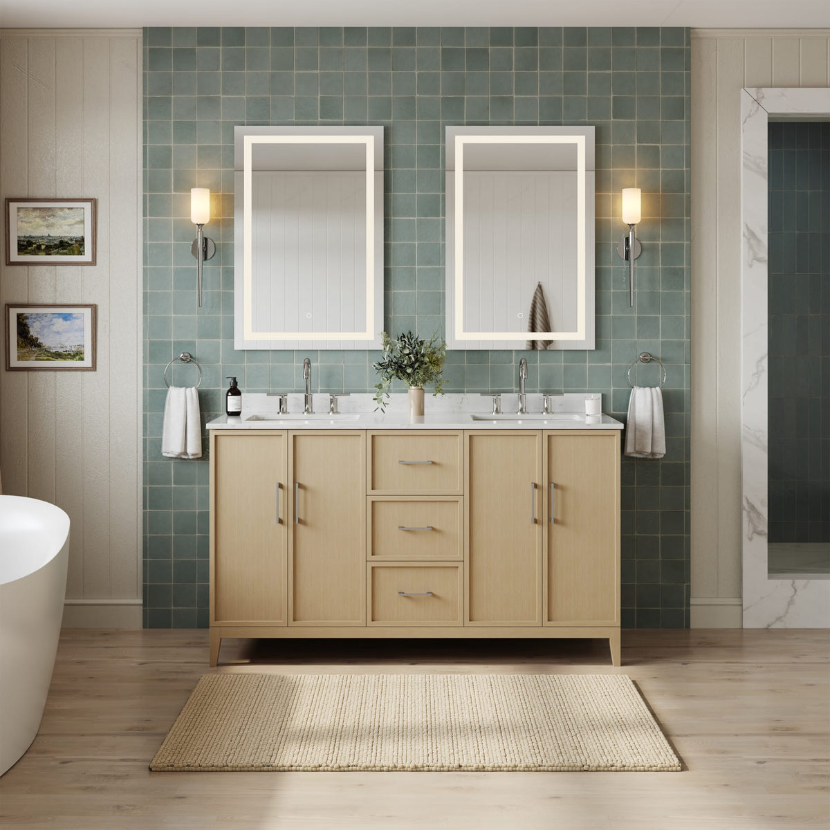 Elan Bathroom Vanity with Countertop 60 inch Double Sink 3-hole Faucet Setup
