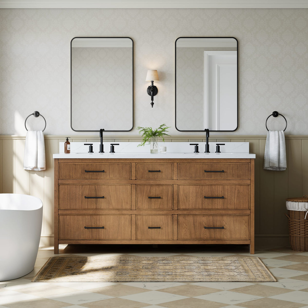 Isola Bathroom Vanity with Countertop 72 inch Double Sink 3-hole Faucet Setup