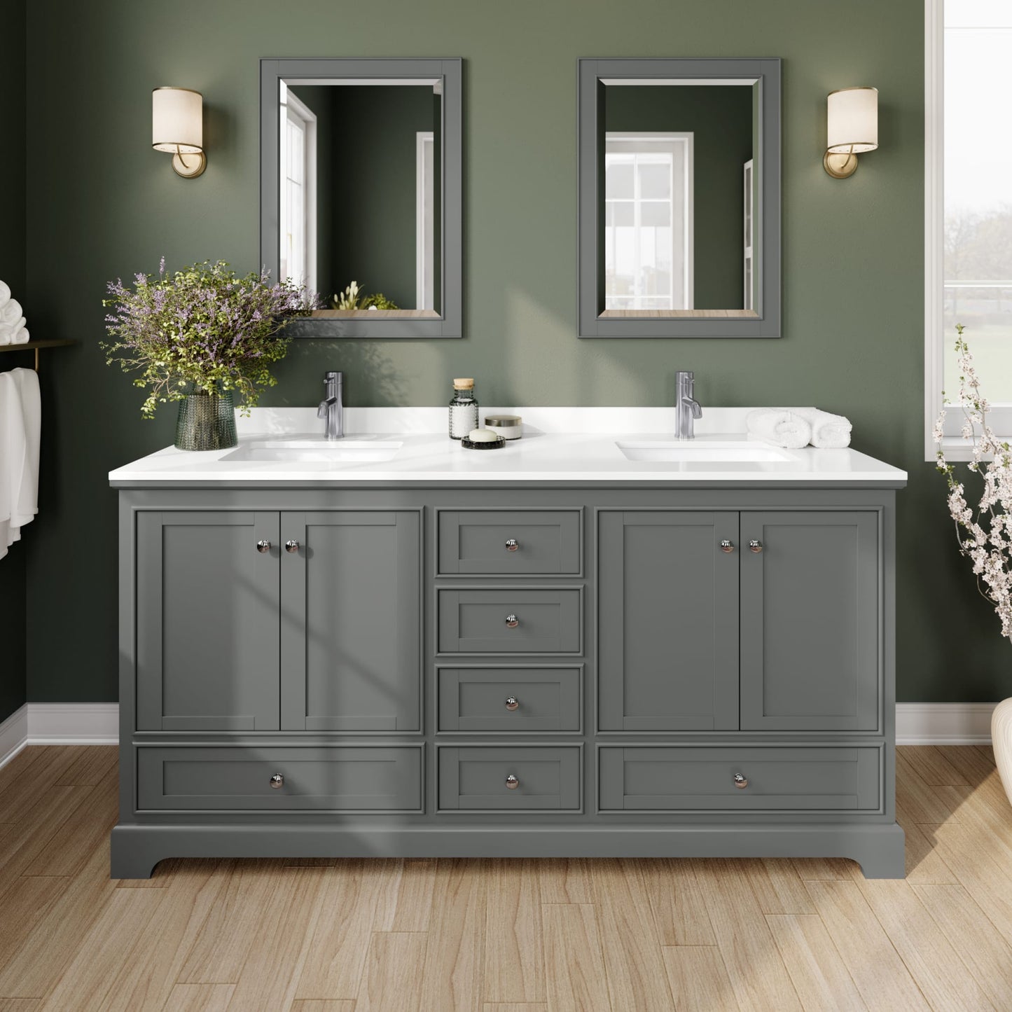 Deborah Bathroom Vanity with Countertop 72 inch Double Sink Single hole Faucet Setup