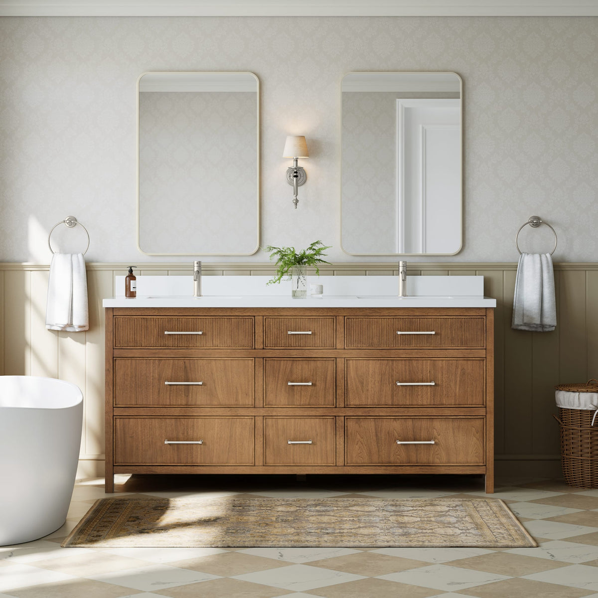 Isola Bathroom Vanity with Countertop 72 inch Double Sink Single hole Faucet Setup