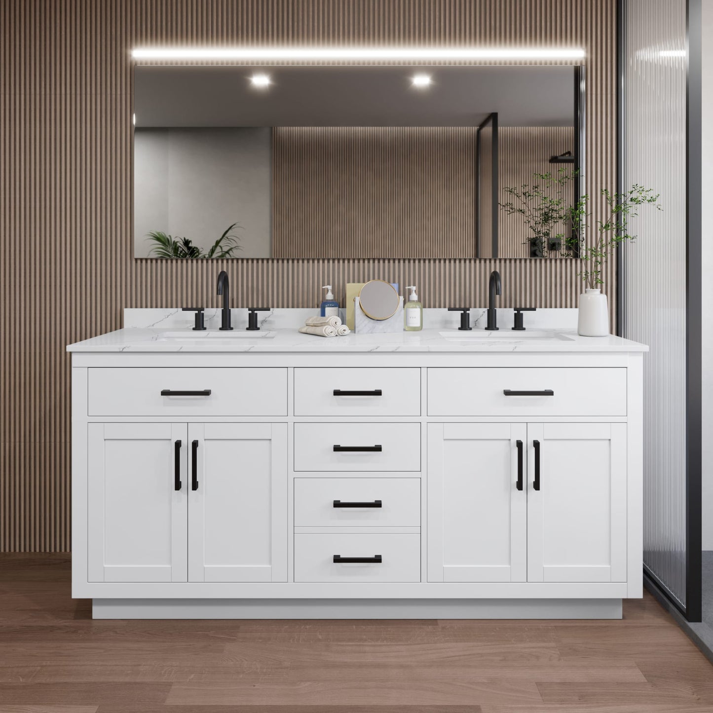 Beckett TK Bathroom Vanity with Countertop 72 inch Double Sink 3-hole Faucet Setup
