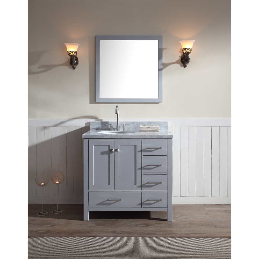 ariel cambridge 37" single sink vanity set with left offset sink and carrera white marble countertop - grey
