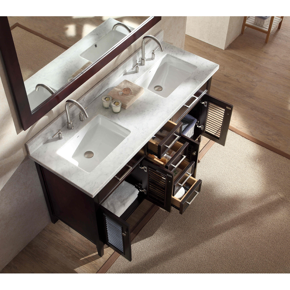 ariel kensington 61" double sink vanity set with carrera white marble countertop - espresso