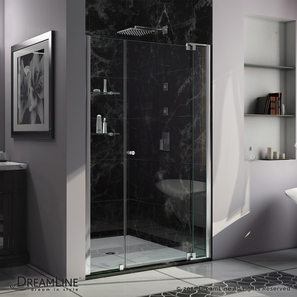 bath authority dreamline allure 42-43 in. w x 73 in. h frameless pivot shower door in chrome