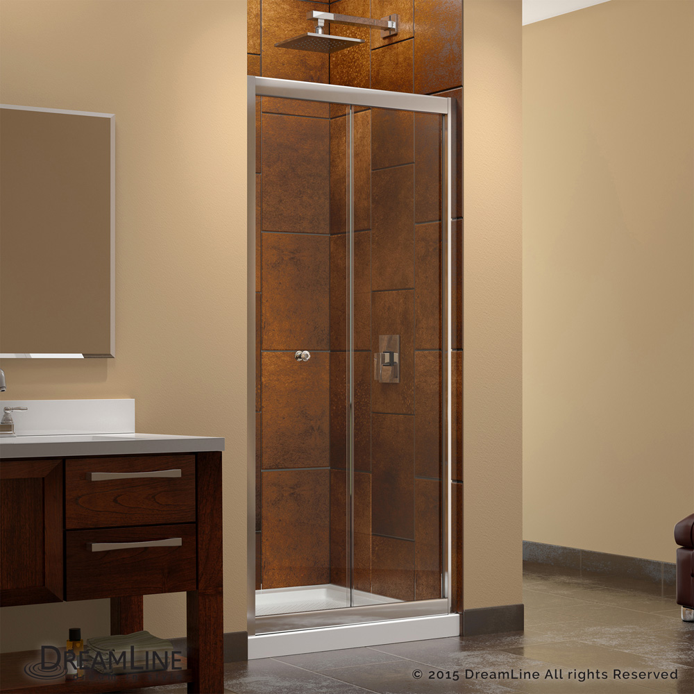 bath authority dreamline butterfly frameless bi-fold shower door, single threshold shower base and qwall-5 shower backwalls kit (32" by 32")