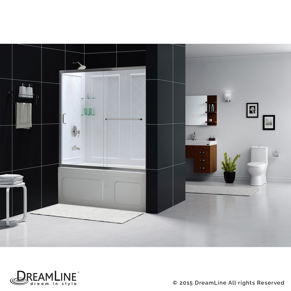 bath authority dreamline infinity-z frameless sliding tub door and qwall-tub backwalls kit (56-60"), clear glass