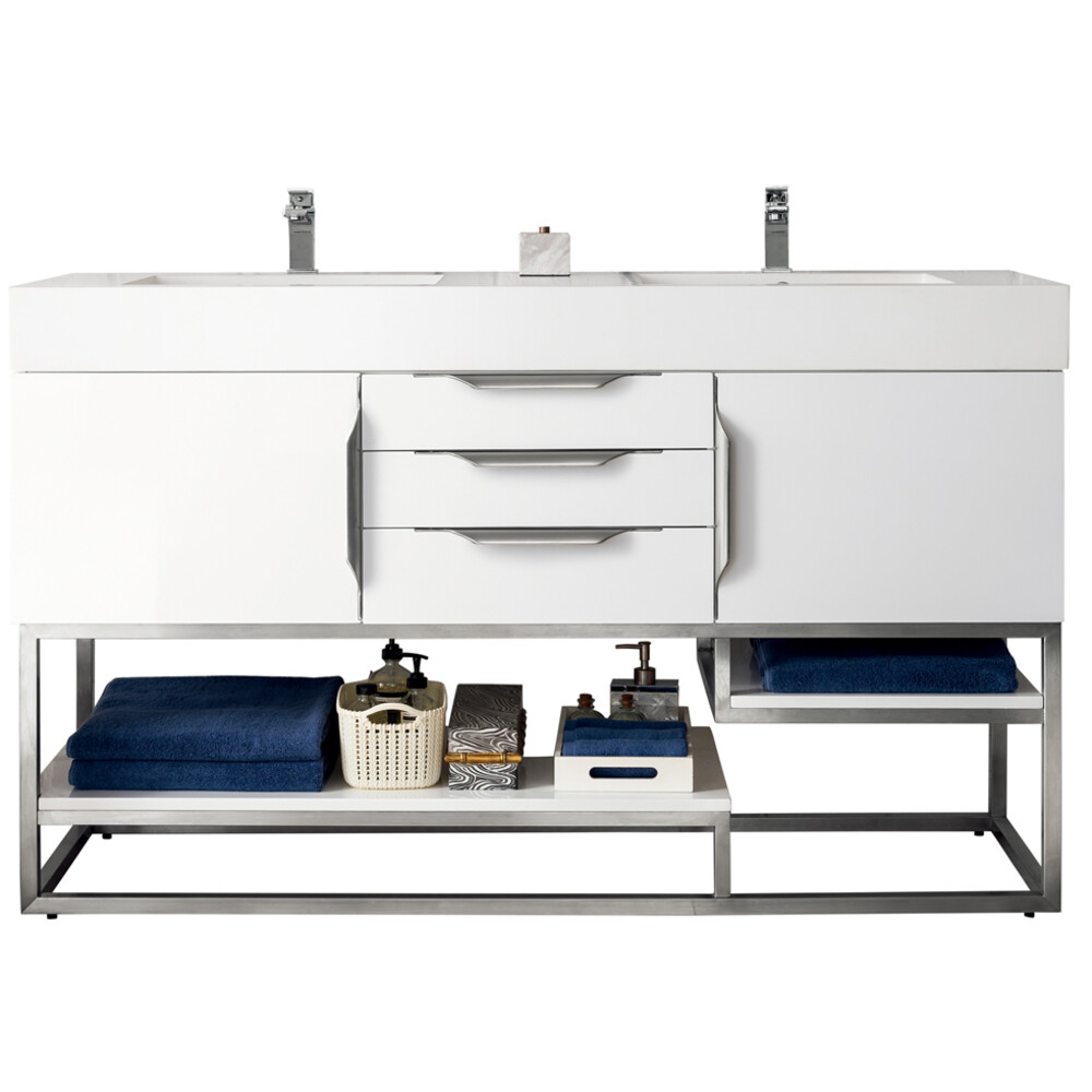 James Martin Columbia 59" Double Vanity, Glossy White, Brushed Nickel 388-V59D-GW-BN