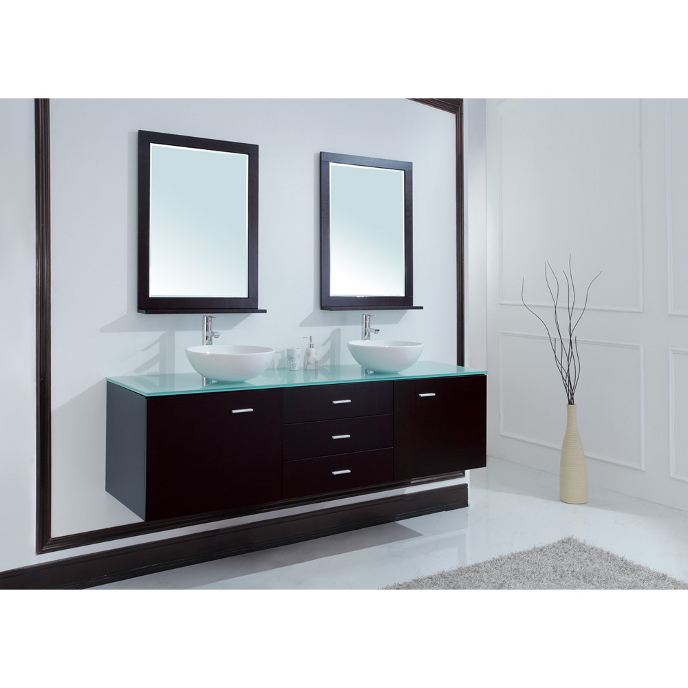 stufurhome 72" luna double sink vanity with glass top - espresso