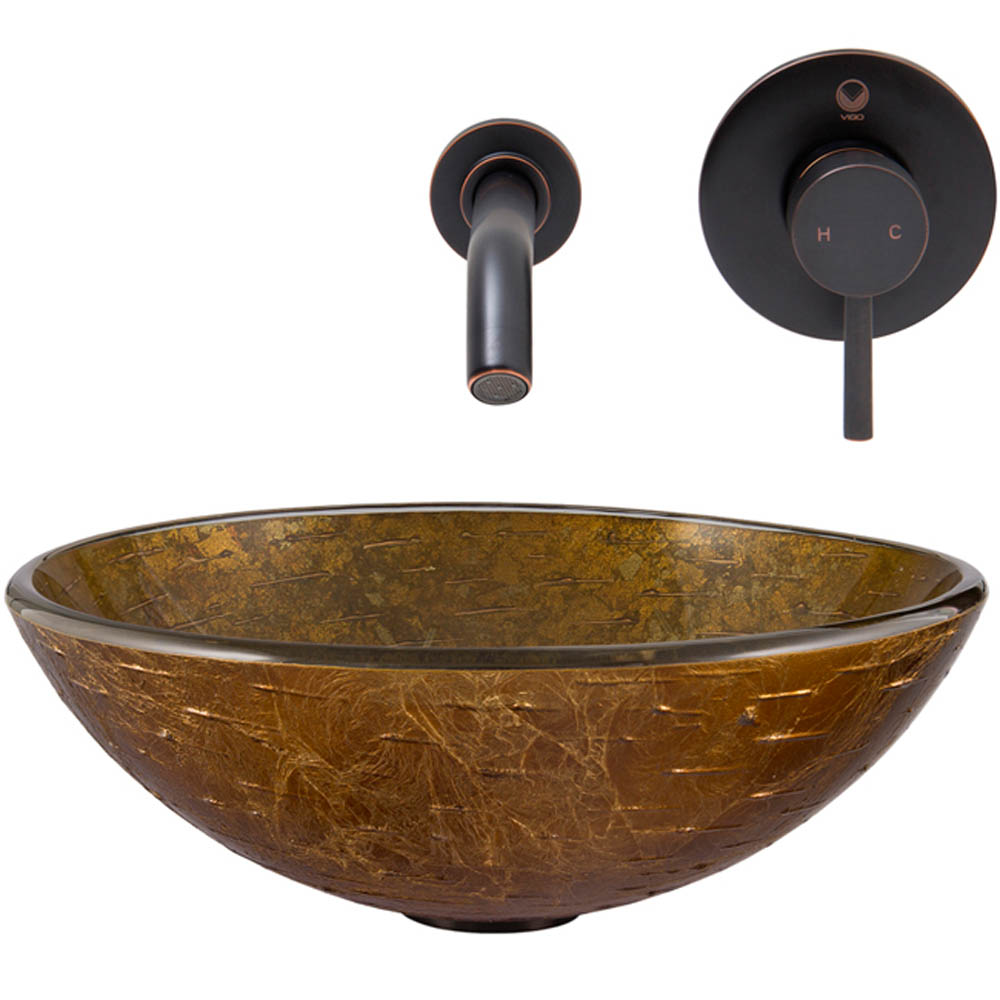 vigo textured copper glass vessel sink and olus wall mount faucet set in antique rubbed bronze
