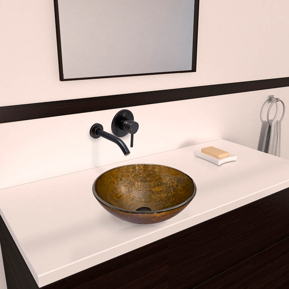 vigo textured copper glass vessel sink and olus wall mount faucet set in antique rubbed bronze