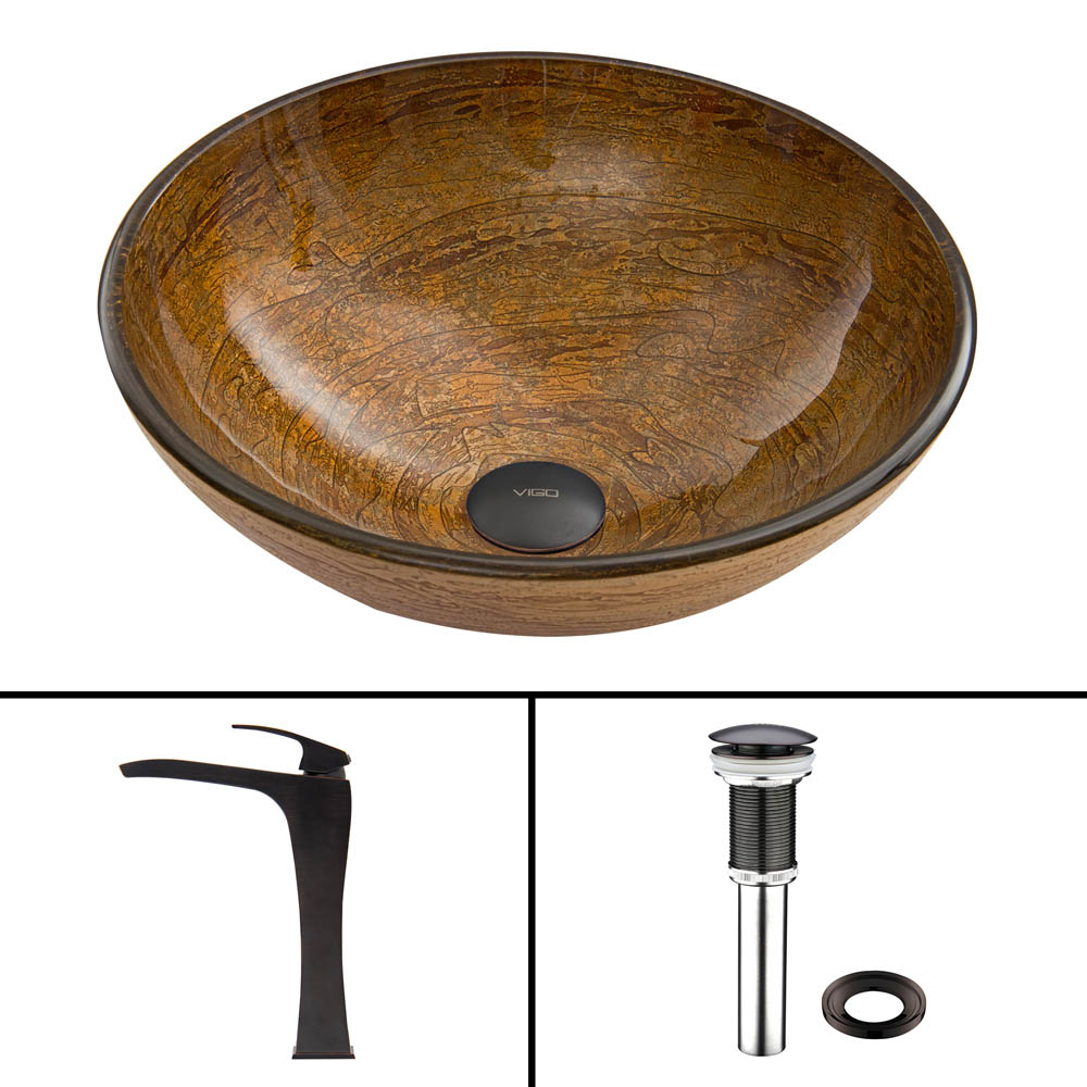 vigo cappuccino swirl glass vessel sink and blackstonian faucet set in antique rubbed bronze finish