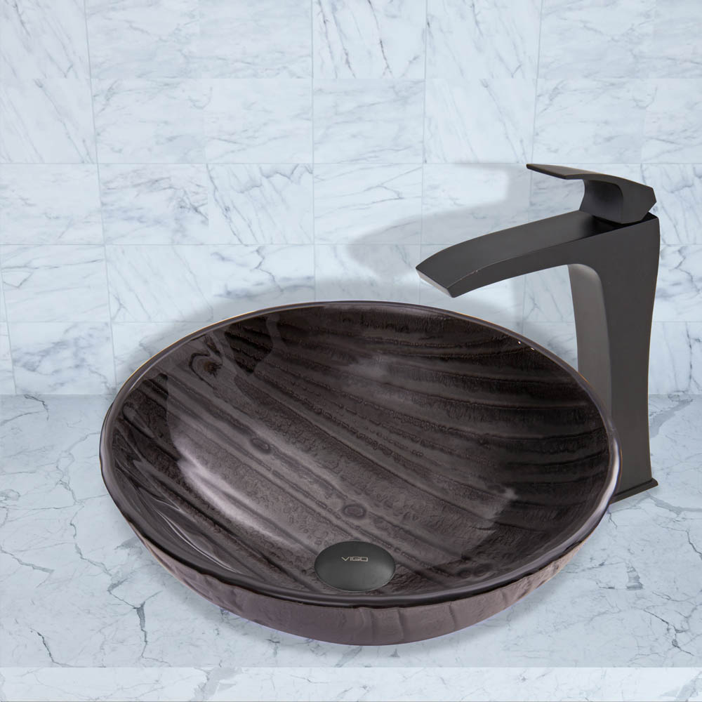 vigo interspace glass vessel sink and blackstonian faucet set in matte black finish
