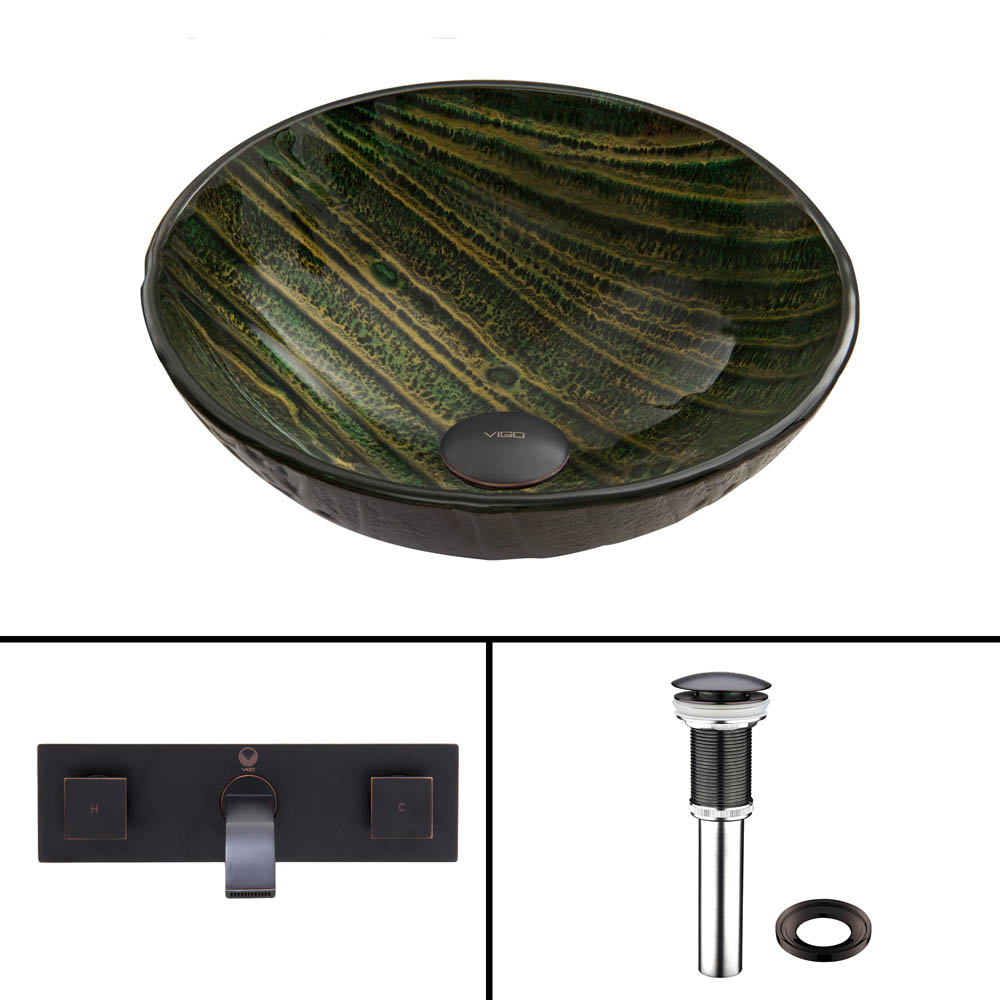 vigo green asteroid glass vessel sink and titus wall mount faucet set in antique rubbed bronze finish