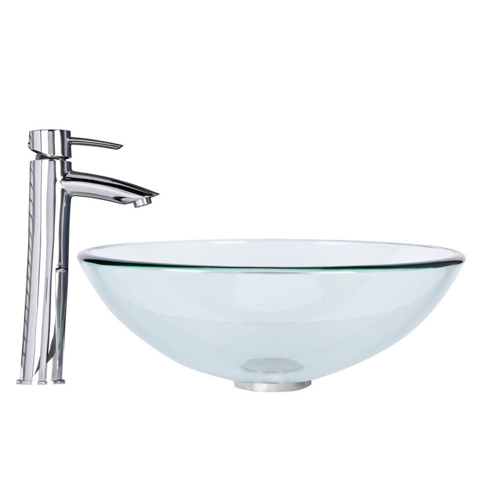 vigo crystalline glass vessel sink and shadow vessel faucet set in a chrome finish