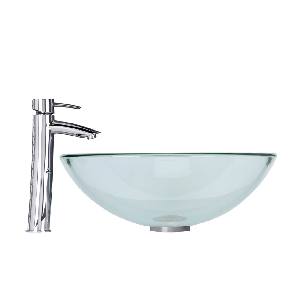 vigo crystalline glass vessel sink and shadow vessel faucet set in a chrome finish