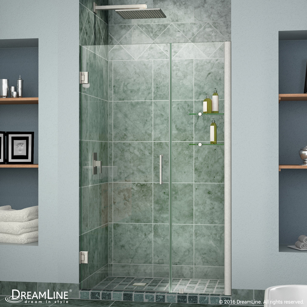bath authority dreamline unidoor frameless hinged shower door with glass shelves (35"-43")
