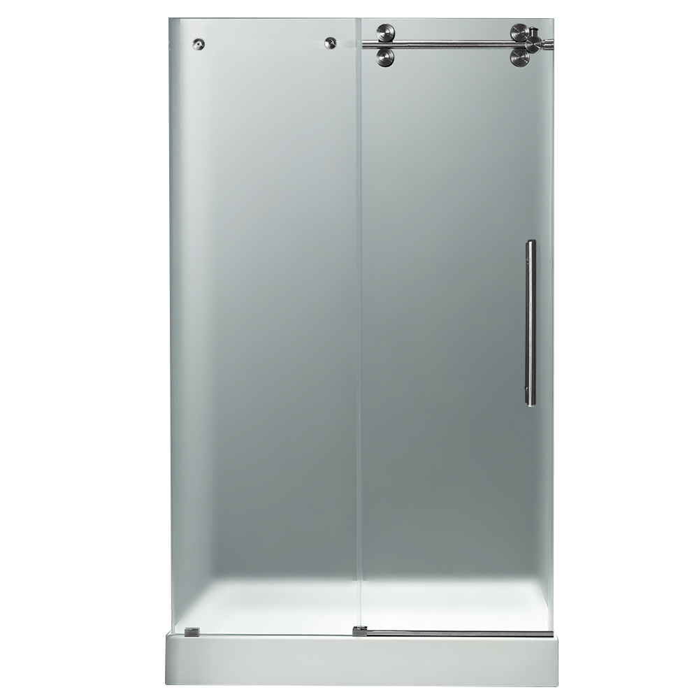 vigo 48-inch frameless shower door 3/8" frosted/stainless steel hardware right with white base - center drain