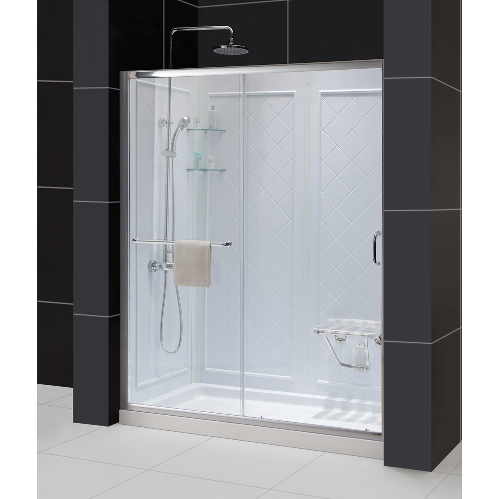 bath authority dreamline infinity-z frameless sliding shower door, single threshold shower base and qwall-5 shower backwalls kit (30" by 60")