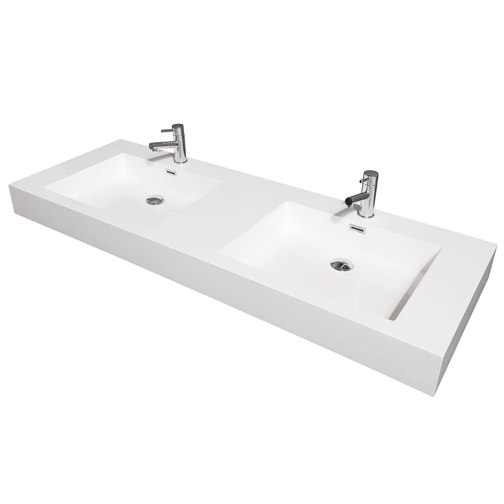 amare 60" double bathroom vanity in gray oak, acrylic resin countertop, integrated sinks, and 58" mirror