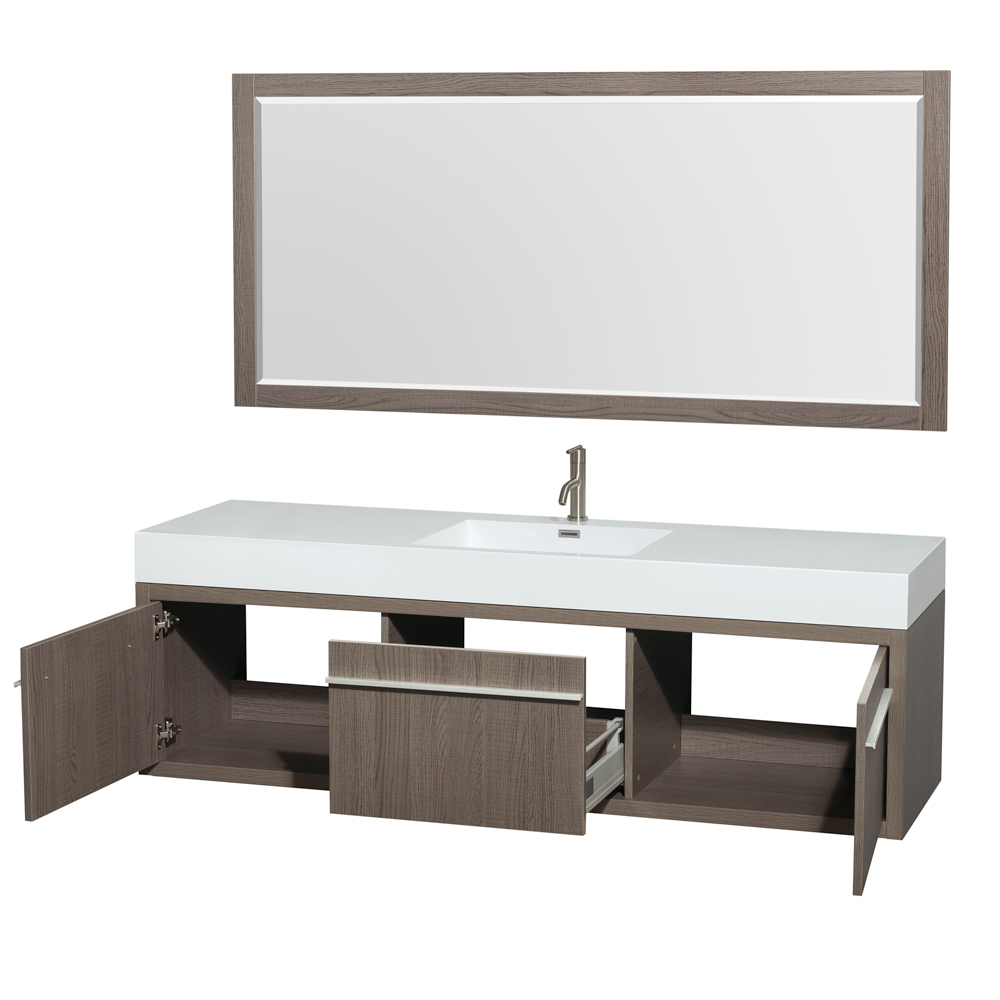 axa 72" single bathroom vanity in gray oak, acrylic resin countertop, integrated sink, and 70" mirror