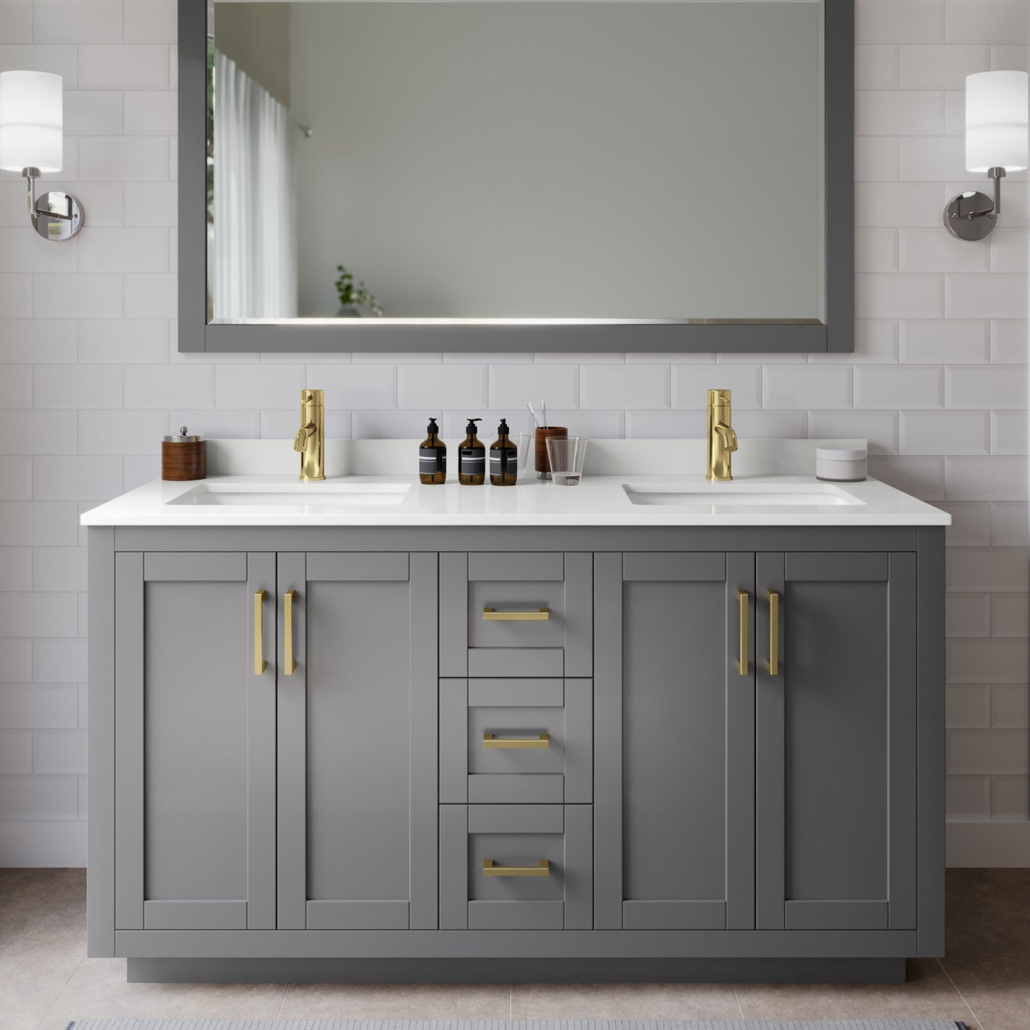 Miranda Bathroom Vanity with Countertop 60 inch Double Sink Single hole Faucet Setup