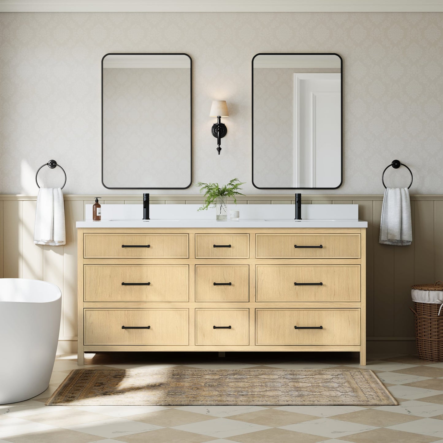 Isola Bathroom Vanity with Countertop 72 inch Double Sink Single hole Faucet Setup