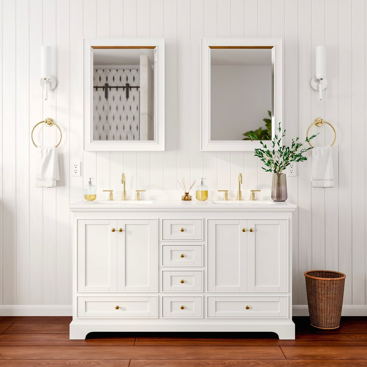 Deborah Bathroom Vanity with Countertop 60 inch Double Sink 3-hole Faucet Setup