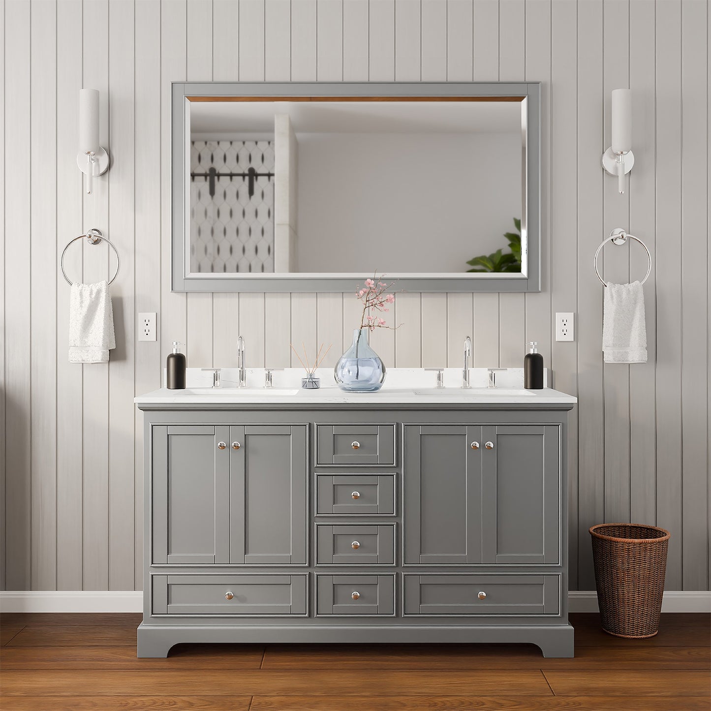 Deborah Bathroom Vanity with Countertop 60 inch Double Sink 3-hole Faucet Setup