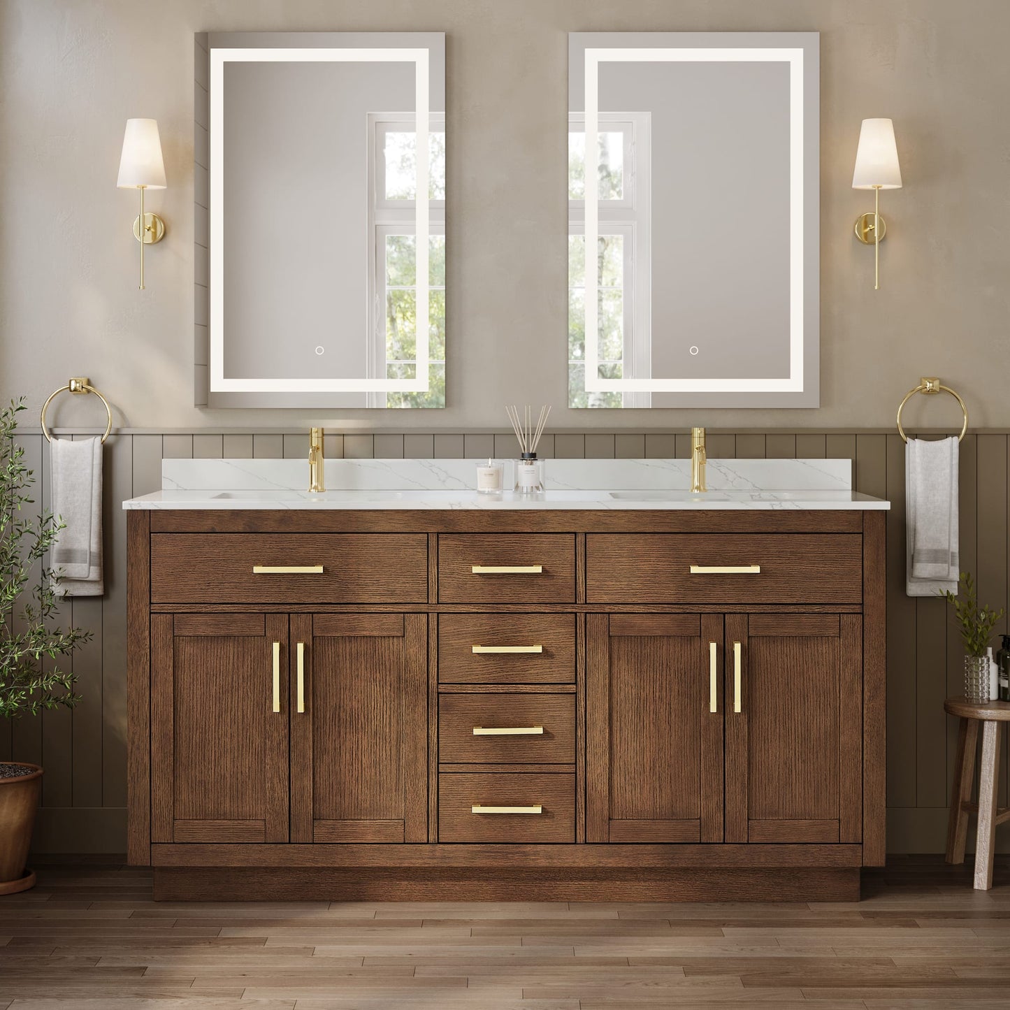 Beckett TK Bathroom Vanity with Countertop 66 inch Double Sink Single hole Faucet Setup