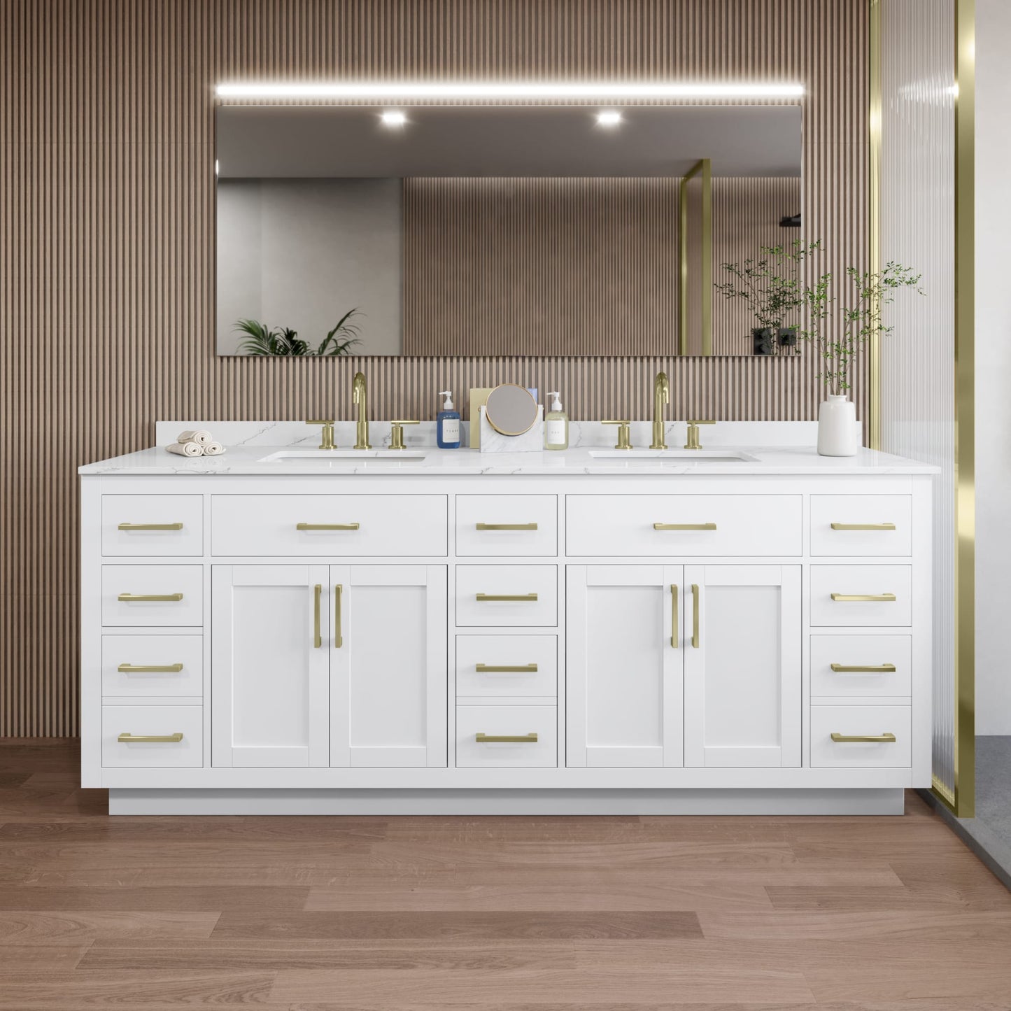 Beckett TK Bathroom Vanity with Countertop 84 inch Double Sink 3-hole Faucet Setup