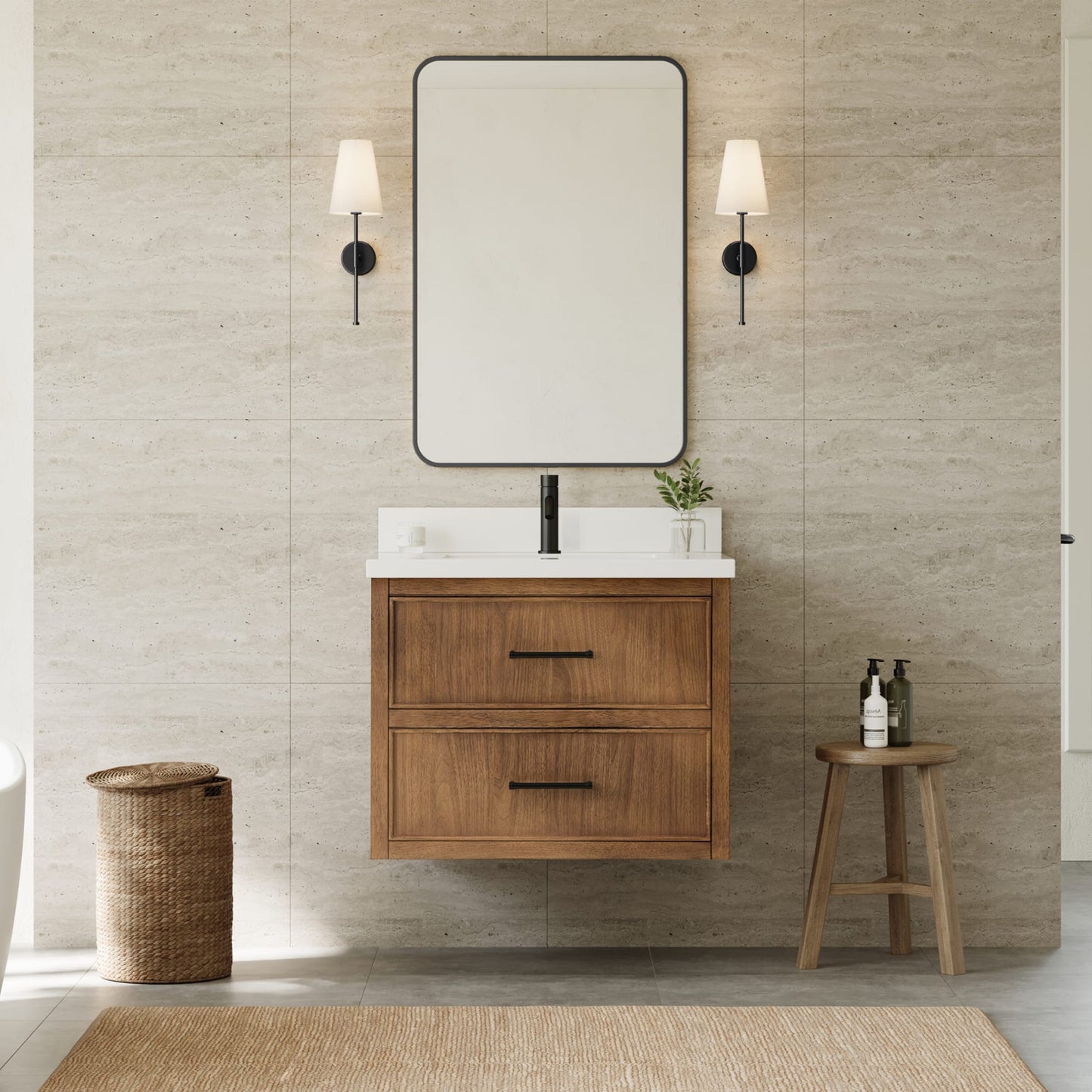 Isola WM Wall Mounted Bathroom Vanity with Countertop 30 inch Single Sink Single hole Faucet Setup
