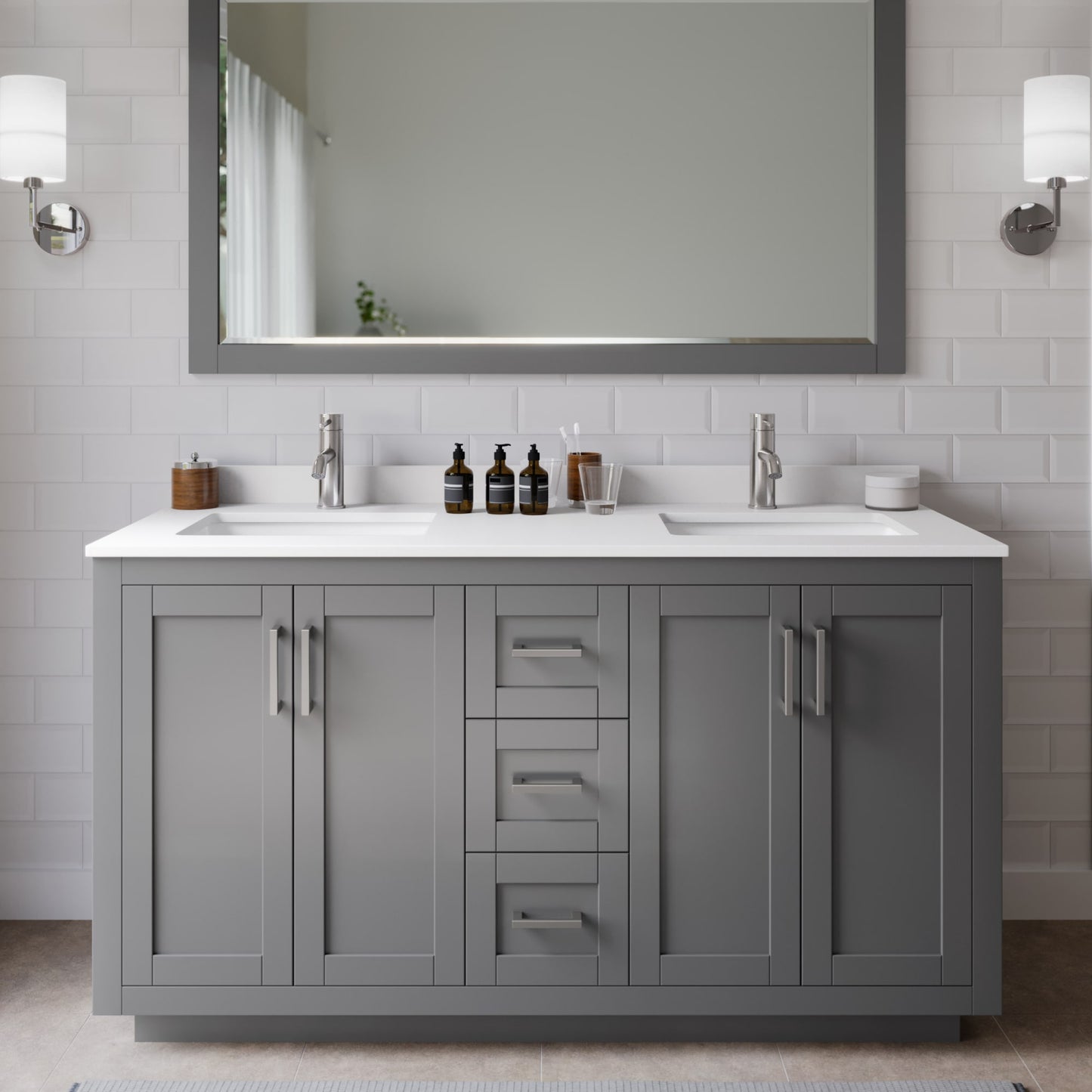 Miranda Bathroom Vanity with Countertop 60 inch Double Sink Single hole Faucet Setup