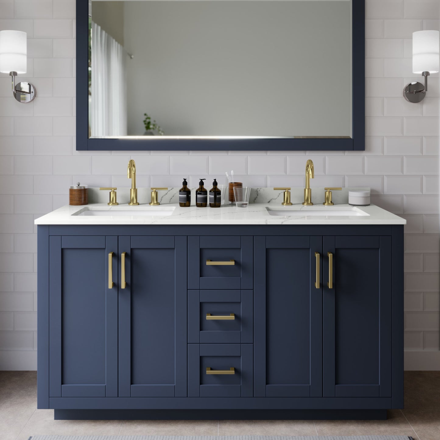 Miranda Bathroom Vanity with Countertop 60 inch Double Sink 3-hole Faucet Setup