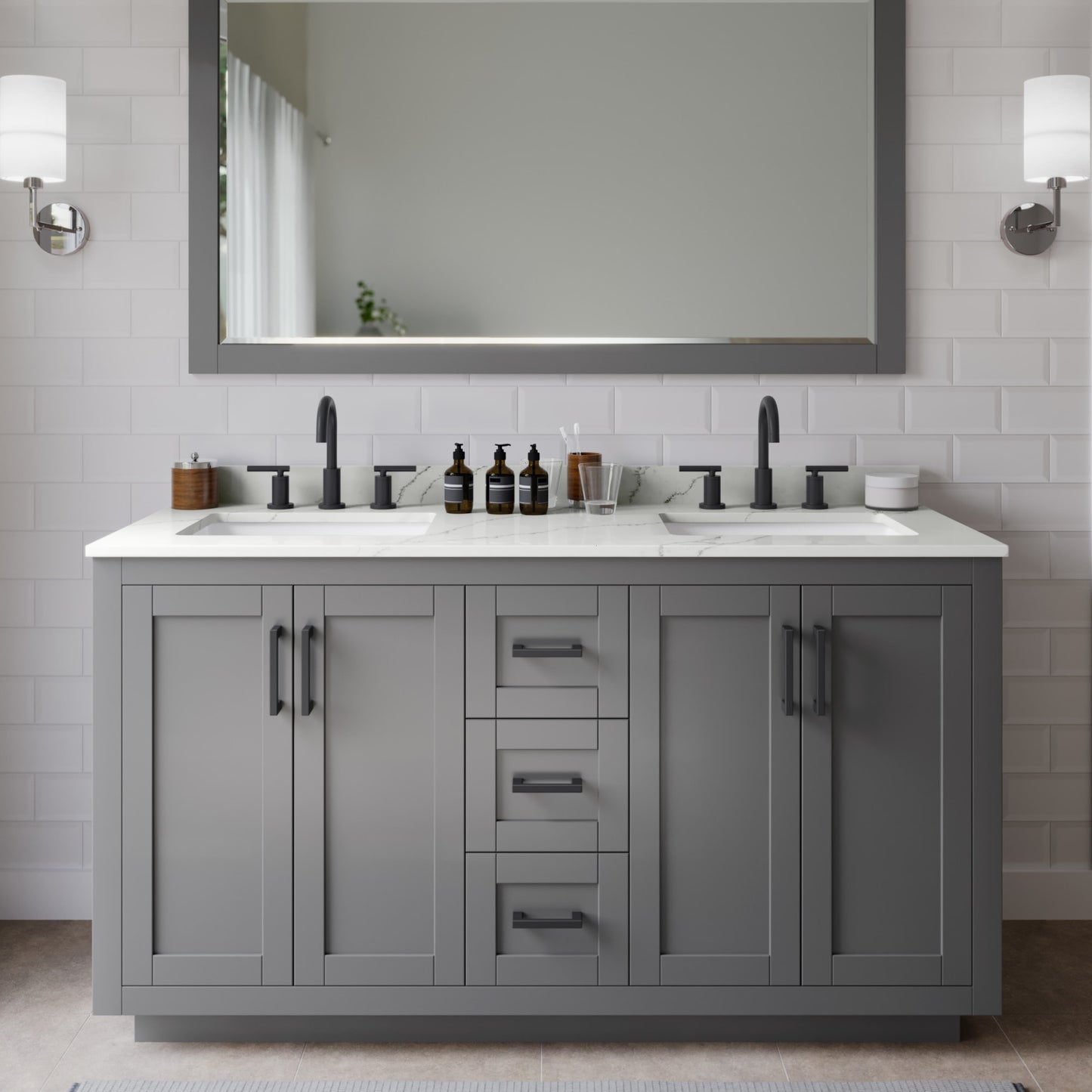 Miranda Bathroom Vanity with Countertop 60 inch Double Sink 3-hole Faucet Setup