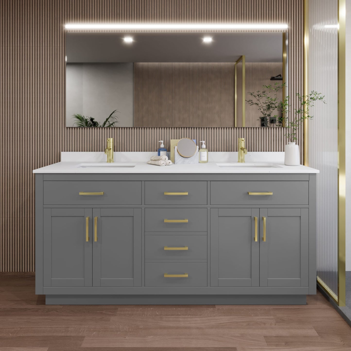 Beckett TK Bathroom Vanity with Countertop 72 inch Double Sink Single hole Faucet Setup