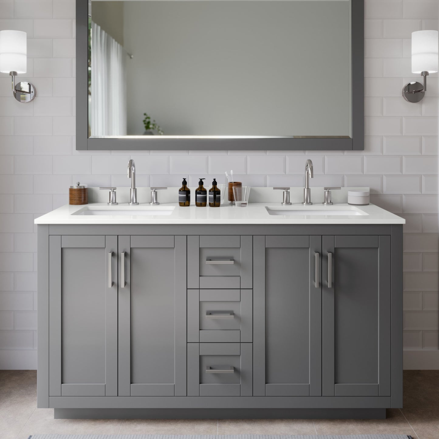 Miranda Bathroom Vanity with Countertop 60 inch Double Sink 3-hole Faucet Setup