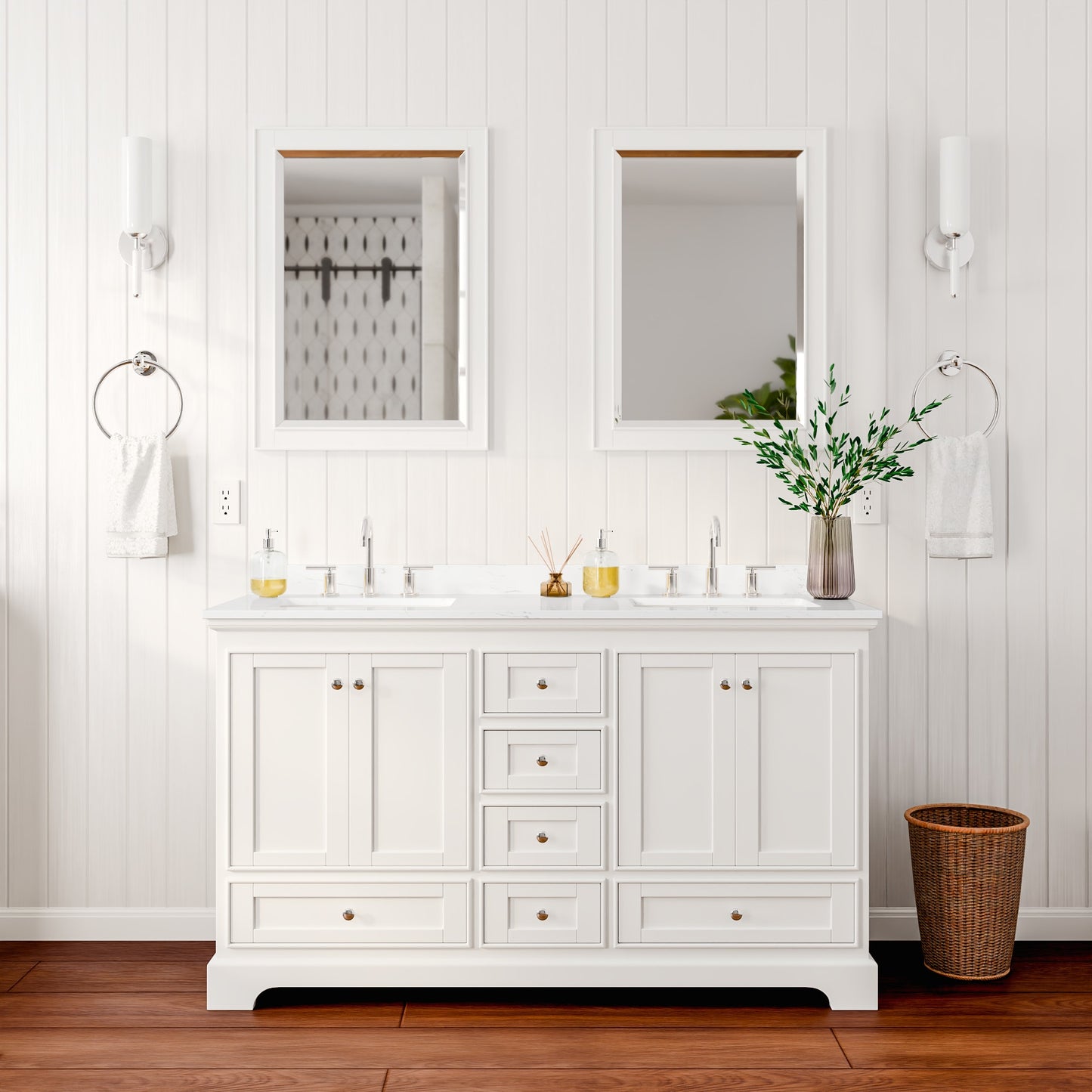 Deborah Bathroom Vanity with Countertop 60 inch Double Sink 3-hole Faucet Setup