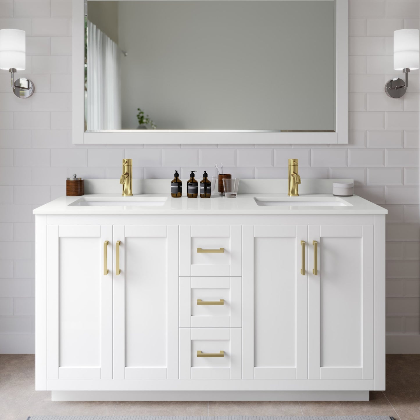 Miranda Bathroom Vanity with Countertop 60 inch Double Sink Single hole Faucet Setup