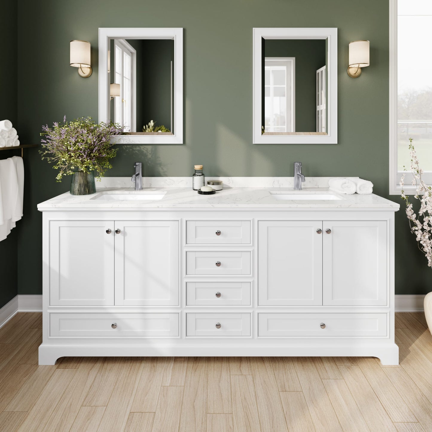 Deborah Bathroom Vanity with Countertop 80 inch Double Sink Single hole Faucet Setup