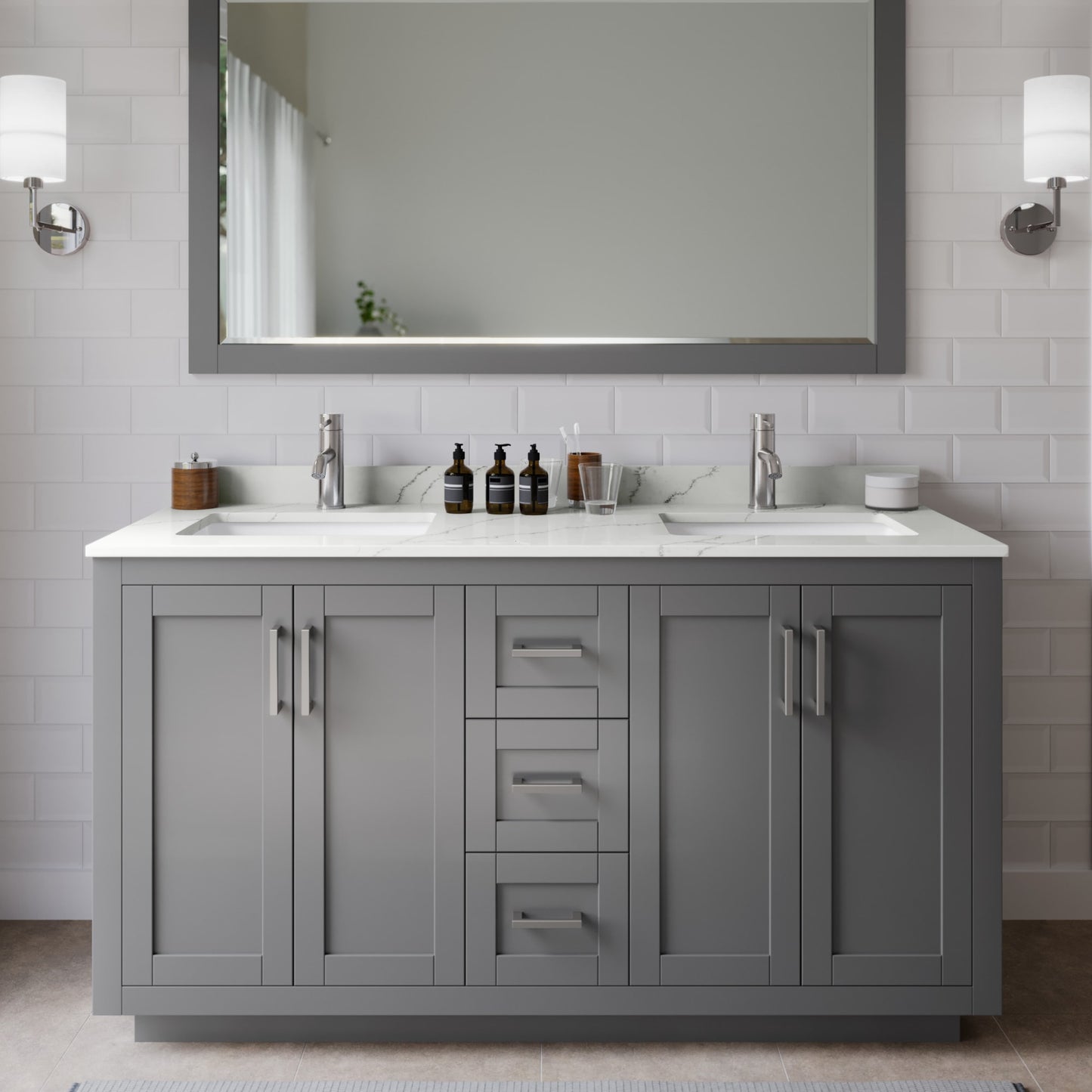 Miranda Bathroom Vanity with Countertop 60 inch Double Sink Single hole Faucet Setup