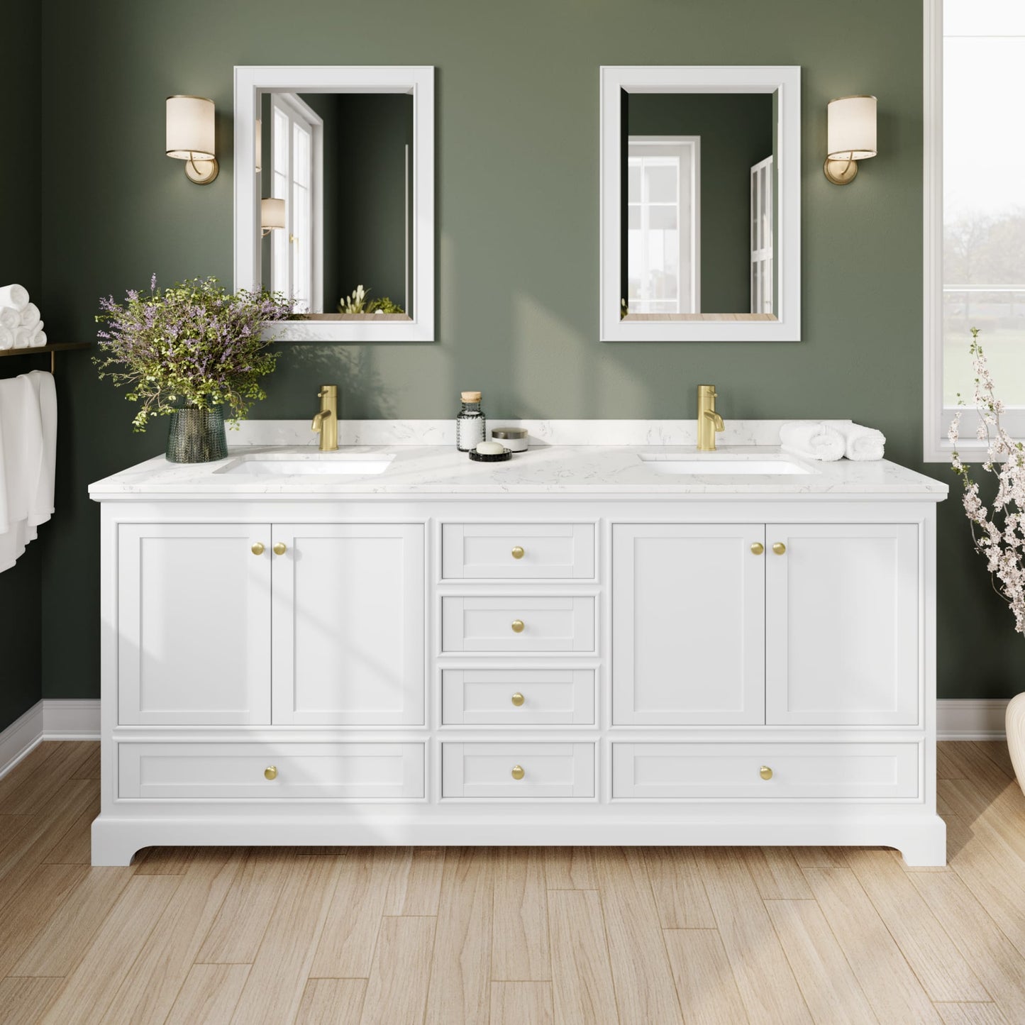Deborah Bathroom Vanity with Countertop 80 inch Double Sink Single hole Faucet Setup