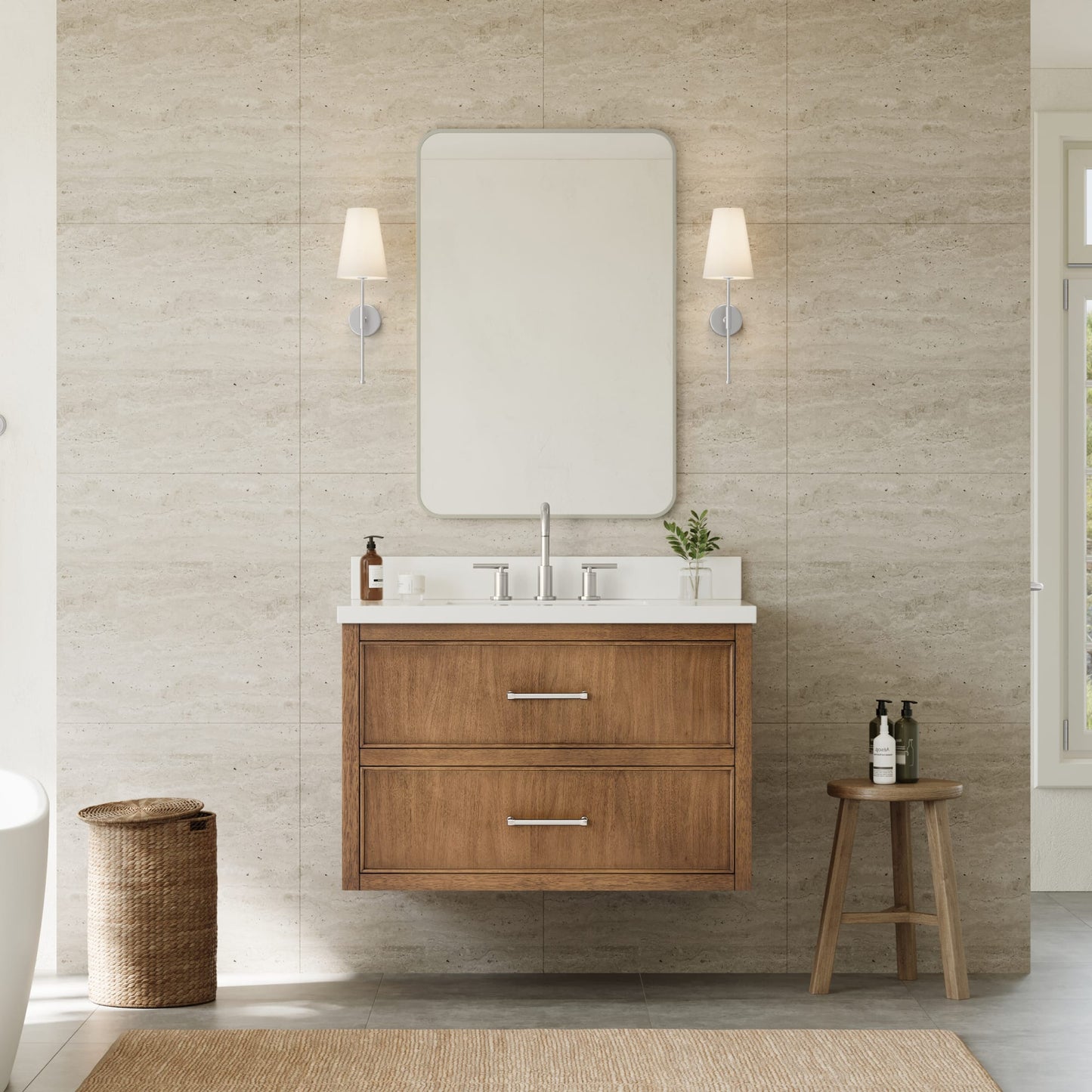 Isola WM Wall Mounted Bathroom Vanity with Countertop 36 inch Single Sink 3-hole Faucet Setup