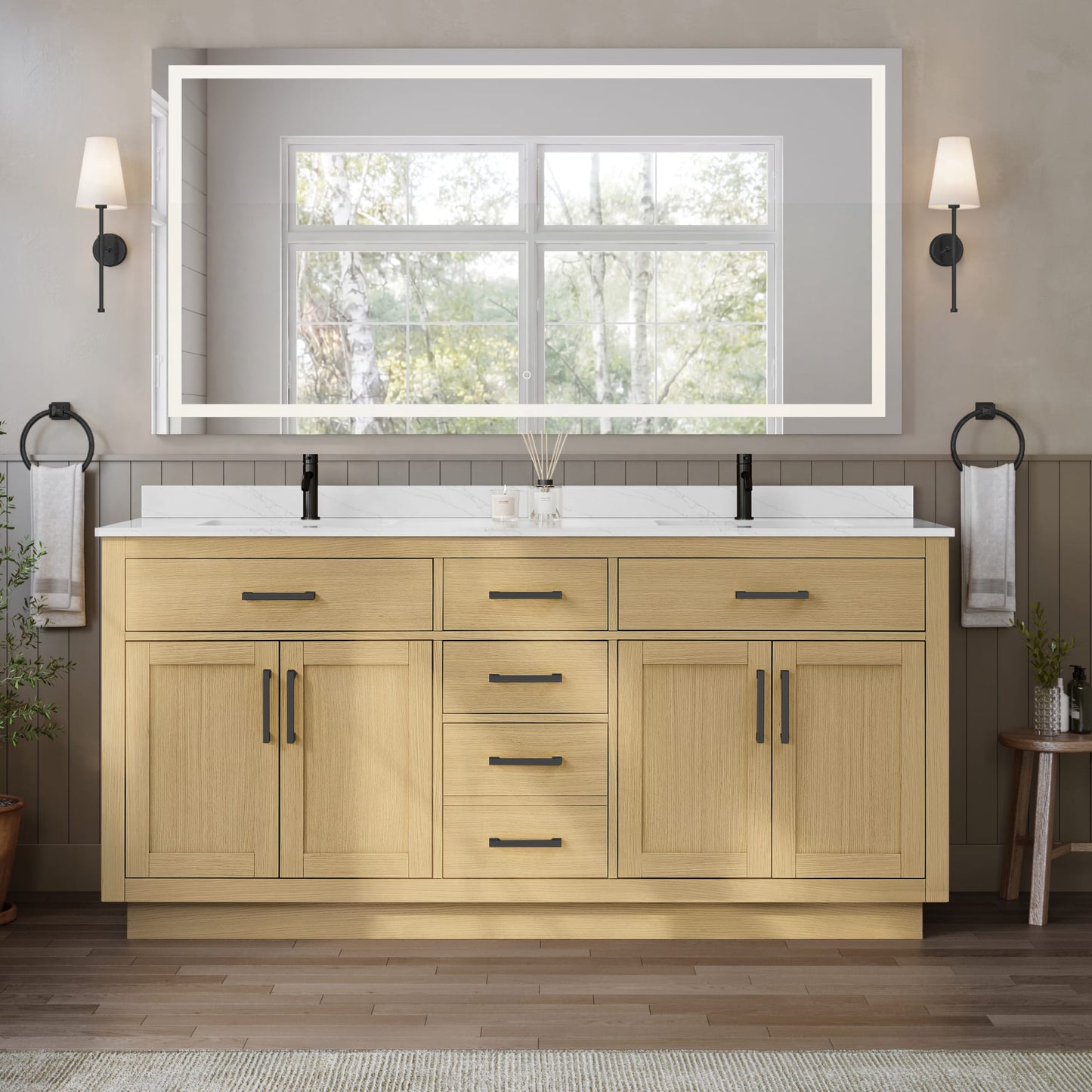 Beckett TK Bathroom Vanity with Countertop 72 inch Double Sink Single hole Faucet Setup