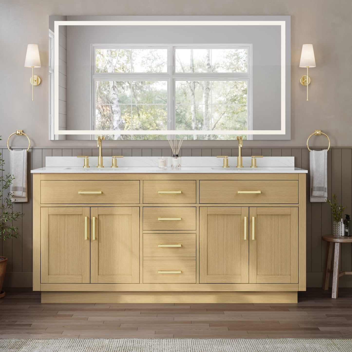 Beckett TK Bathroom Vanity with Countertop 72 inch Double Sink 3-hole Faucet Setup