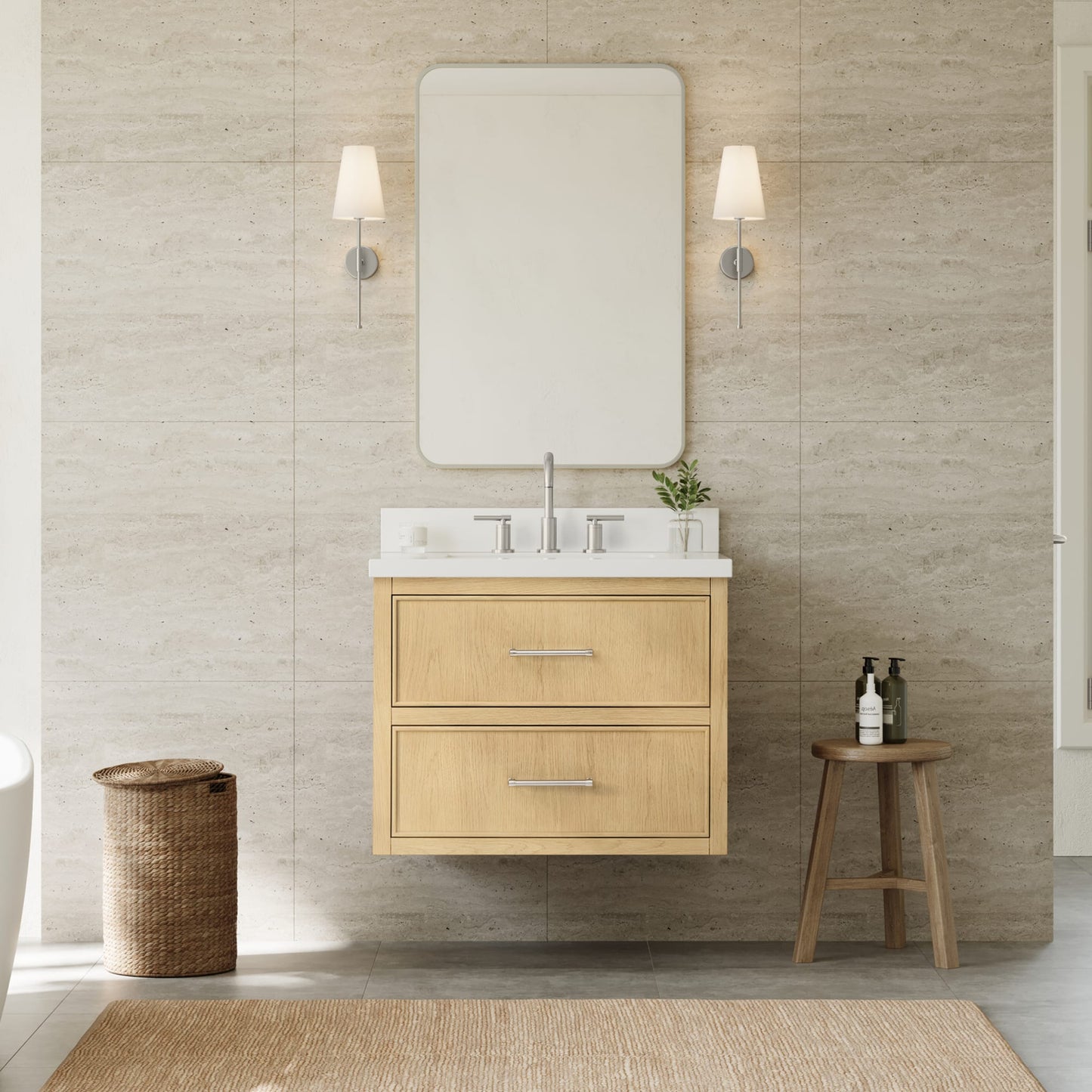Isola WM Wall Mounted Bathroom Vanity with Countertop 30 inch Single Sink 3-hole Faucet Setup