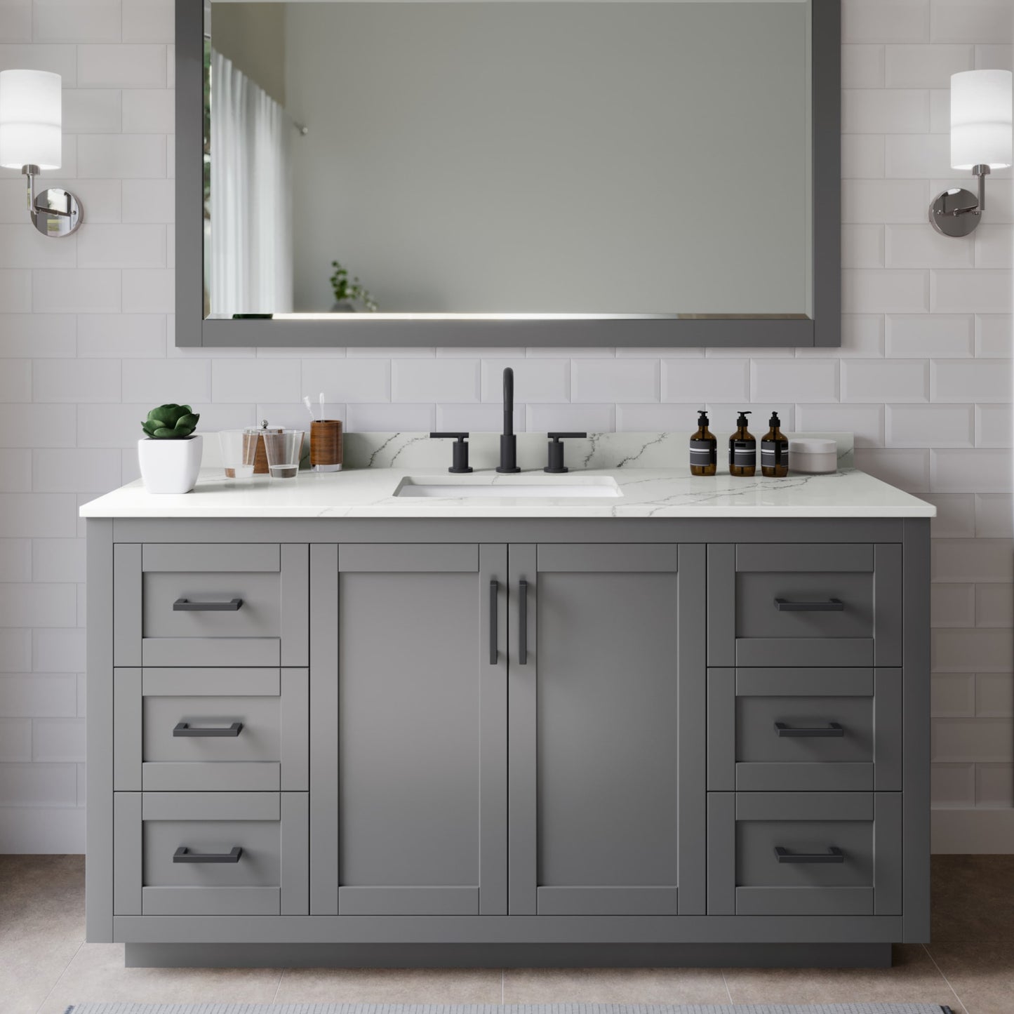 Miranda Bathroom Vanity with Countertop 60 inch Single Sink 3-hole Faucet Setup