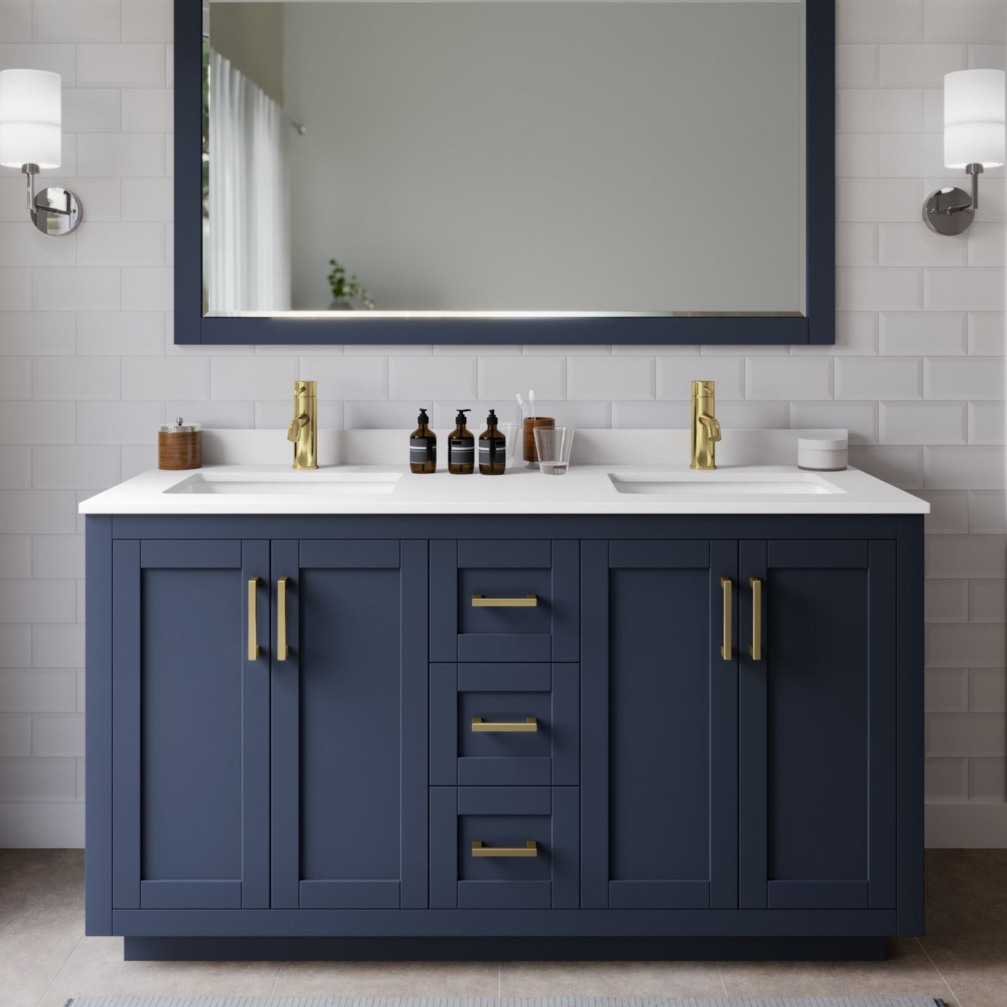 Miranda Bathroom Vanity with Countertop 60 inch Double Sink Single hole Faucet Setup