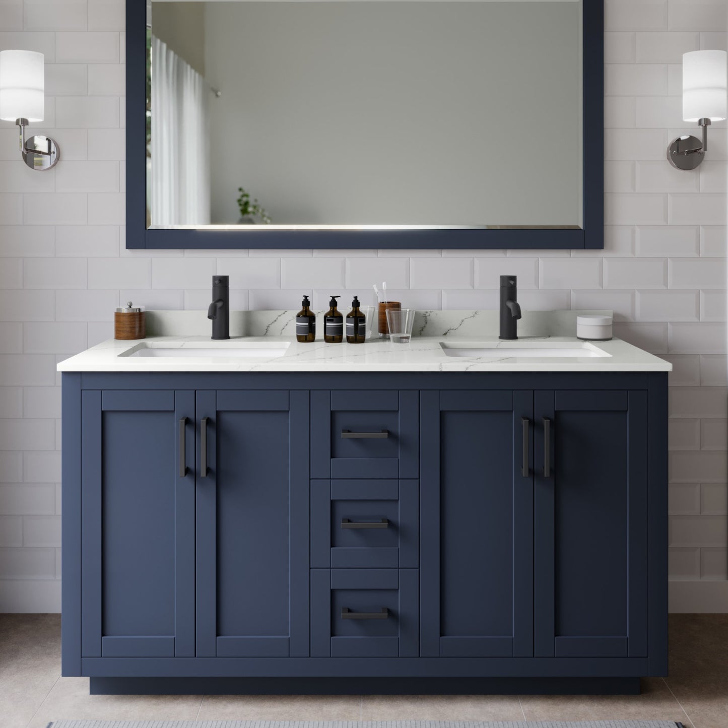 Miranda Bathroom Vanity with Countertop 60 inch Double Sink Single hole Faucet Setup