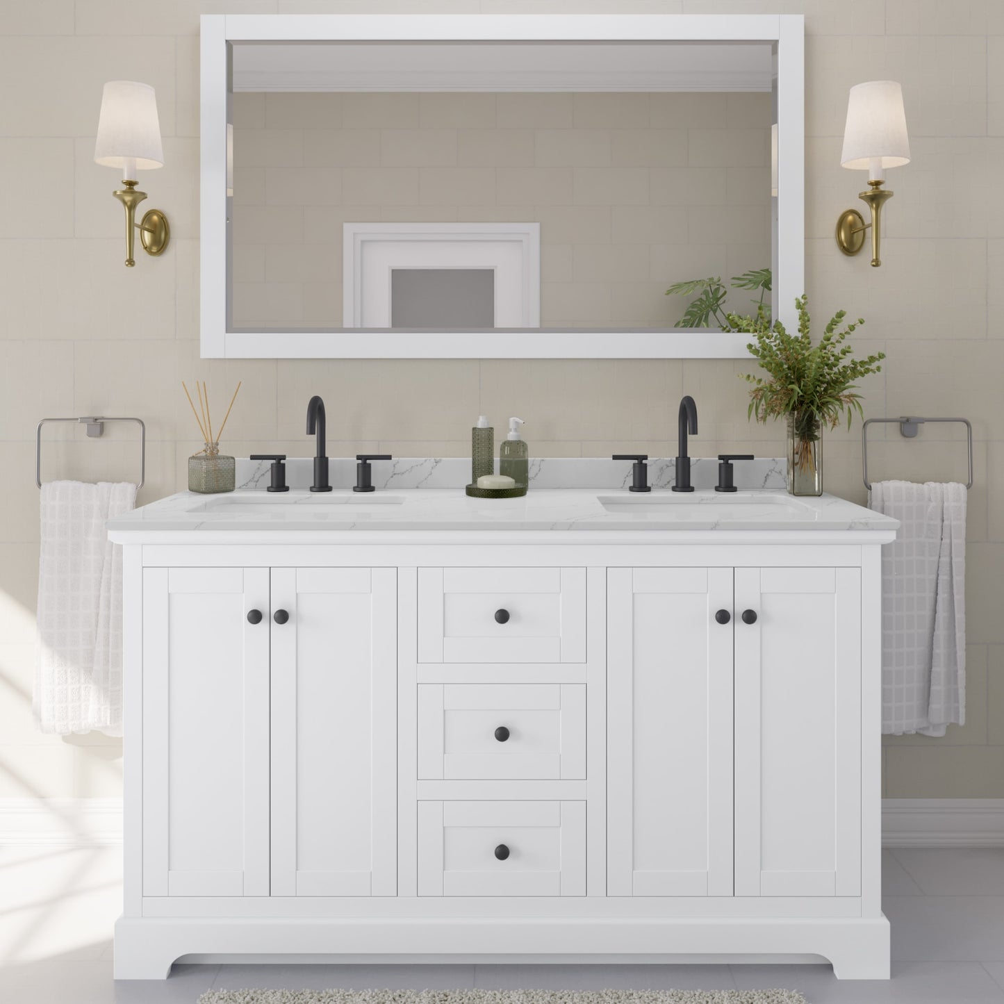 Avery Bathroom Vanity with Countertop 60 inch Double Sink 3-hole Faucet Setup