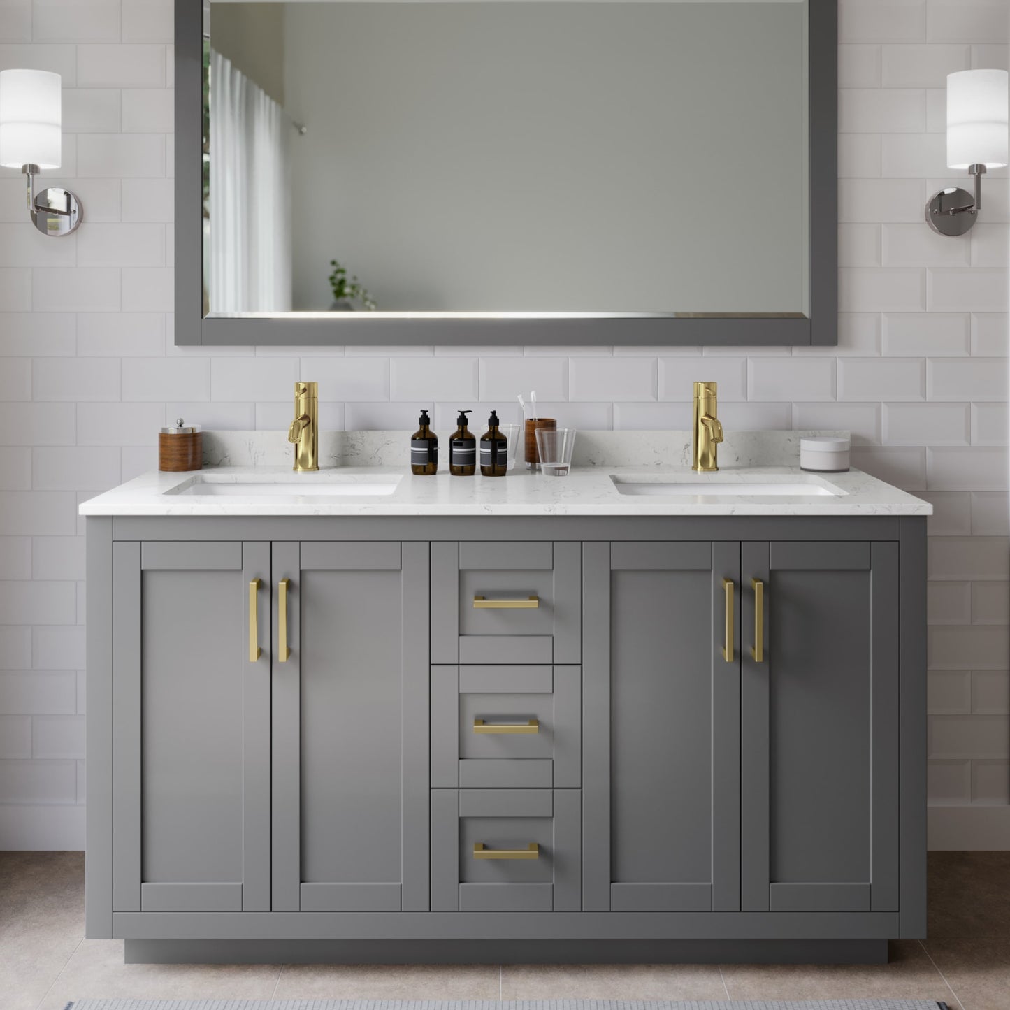 Miranda Bathroom Vanity with Countertop 60 inch Double Sink Single hole Faucet Setup
